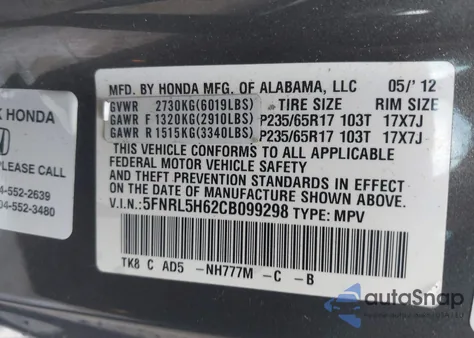 2012 Honda Odyssey Ex-L z USA, uszkodzony, nr VIN 5FNRL5H62CB099298